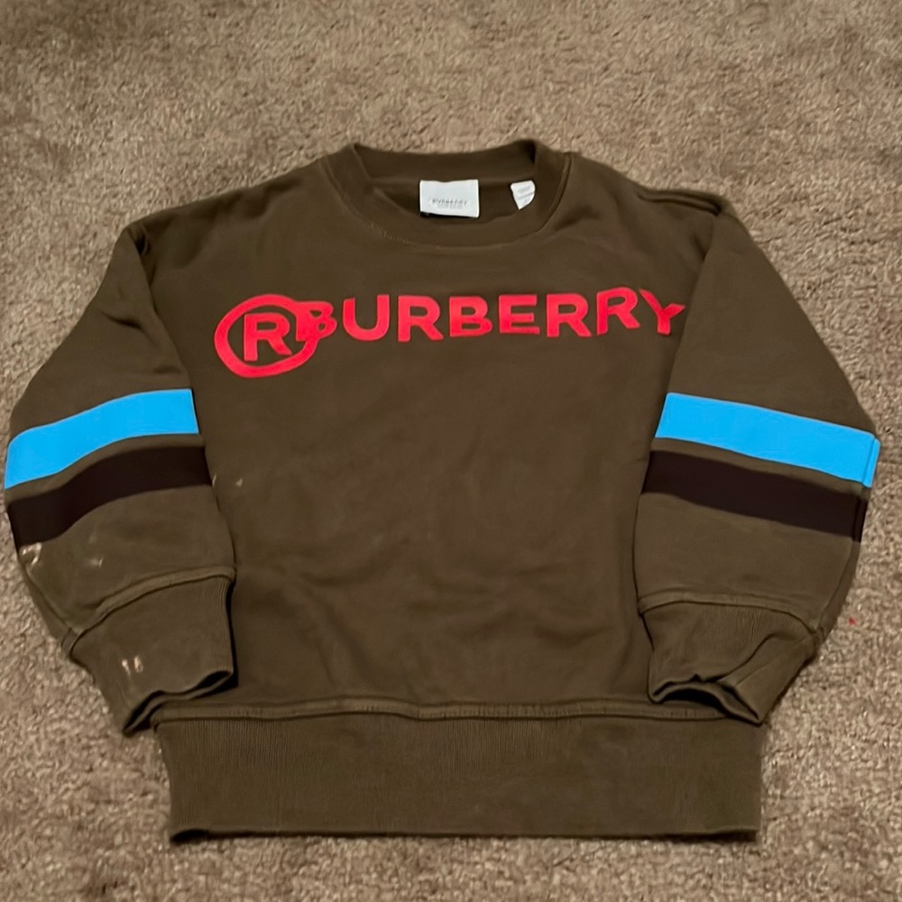 BURBERRY sweater for boy size 6Y. Olive green color and details in red and blue